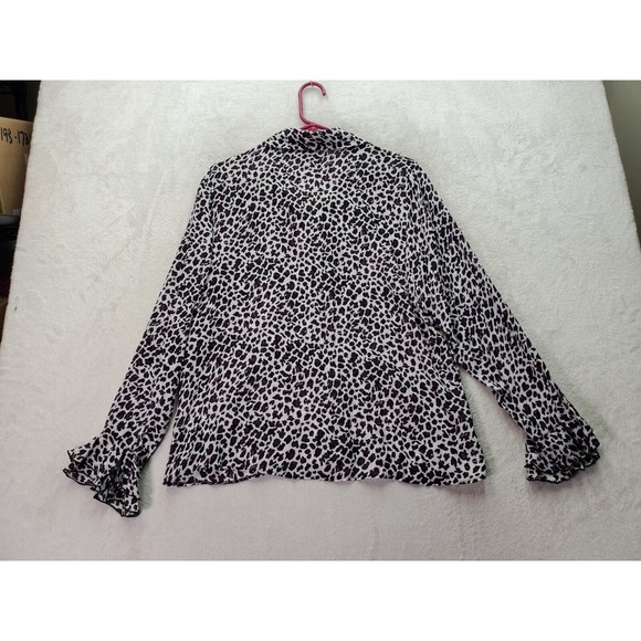 Canda Blouse Top Women's M White Purple Leopard Print Sheer Collar Button Front - Picture 2 of 9